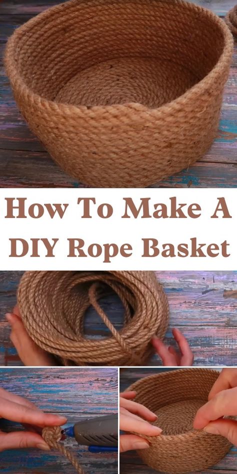 How To Make A DIY Rope Basket - The Newlywed Diy Basket With Rope, Lobster Rope Basket Diy, Diy Rope Laundry Basket, How To Make A Basket Out Of Cardboard, How To Make A Rope Basket, Rope Bowls Diy How To Make, How To Make A Basket, Rope Baskets Diy Tutorials, Rope Bowls Ideas