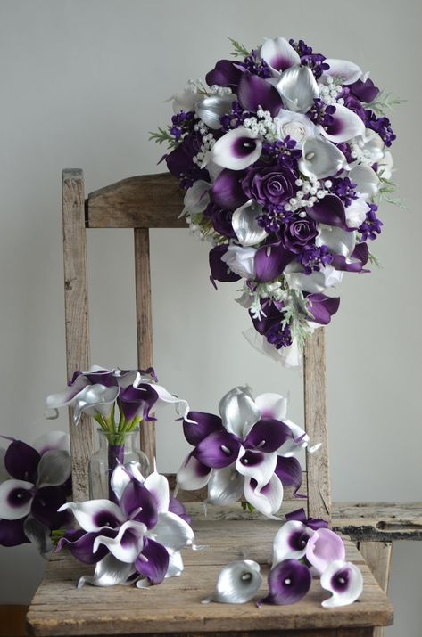 Purple Bling Bouquet, Purple And Silver Wedding Bouquet, Purple Lily Bouquet, Purple Calla Lily Wedding Bouquet, Plum And Silver Wedding, Purple Bouquet Flowers, Purple Calla Lily Bouquet, Purple Calla Lilies Wedding, Calla Lily Bridal Bouquet