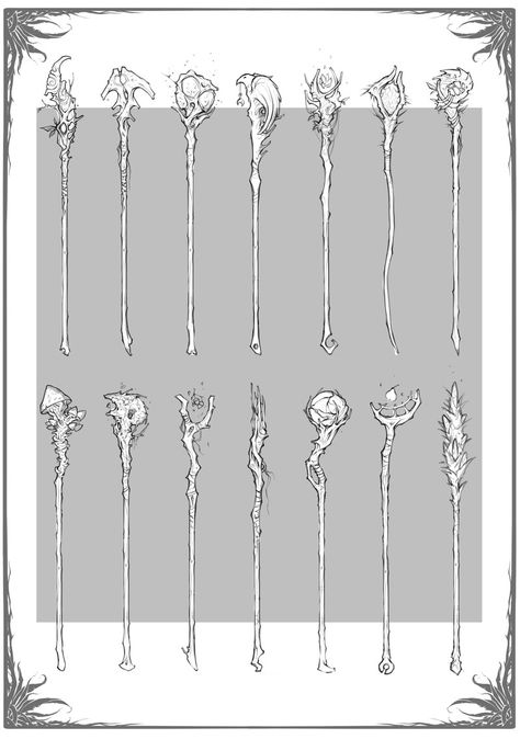 Forest Staff Design, Magic Staffs Design, Druid Staff Art, Holding A Staff Drawing Reference, Necromancer Staff Art, Cleric Staff Design, Dnd Quarterstaff Druid, Staffs Drawing, Wizard Staff Drawing