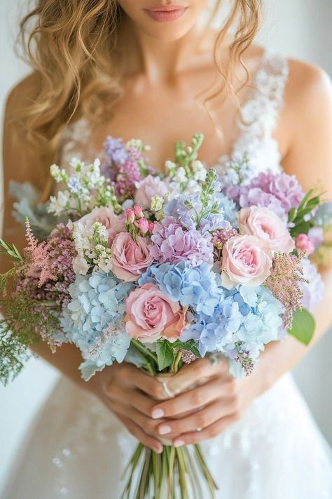 Wedding Bouquet Pink And Blue, Blue And White Hydrangea Bouquet, Hydrangea Bouquet Pink, Pink And Blue Wedding Bouquets, Wedding Bouquets With Hydrangeas, Pink And Blue Flower Arrangements, Hydrangea And Peony Bouquet, Blue Hydrangea Wedding Bouquet, Pink And Blue Bouquet