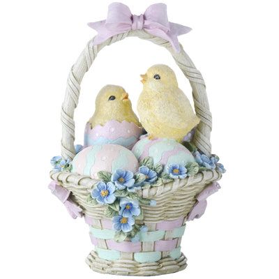 Have an eggcellent Easter! with this adorable 9" hatching chick easter basket. Crafted of resin in pastel hues. Decorate a child's bedroom, place on any shelve setting, decorate the kitchen, or give your entryway table an easter look. Intended for decorative use only. Wipes clean with a damp cloth. Pastel Easter Decorations, Natural Wood Decor, Easter Figurine, Colored Eggs, Chocolate Rabbit, Hatching Chicks, Funny Coasters, Pastel Easter, Easter Signs