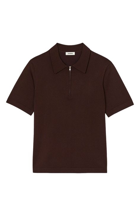 Sleek and smart, this basic-black polo sports a shallow zippered placket and a vibe that works layered or on its own. Quarter-zip closure Point collar Short sleeves 82% acetate, 16% nylon, 2% elastane Dry clean or hand wash, dry flat Imported Polo Zipper, Polo Shirt Outfits, Knitted Polo Shirt, Man Outfit, Zip Polo, Knitted Polo, Zip Collar, Faded Jeans, Black Polo