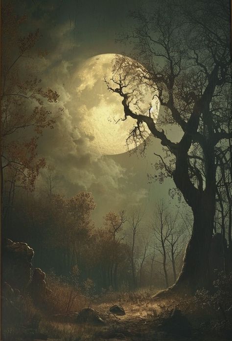 Spooky Moon Aesthetic, Spooky Nature Aesthetic, Forest Ghost Aesthetic, Spooky Woods Painting, Southern Gothic Landscape, Halloween Moon Drawing, Spooky Forest Art, Spooky Landscapes, Spooky Scenery