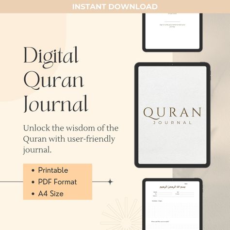 Boost your Quranic study with my Digital Quran Journal, thoughtfully crafted to increase your understanding and connection with the Quran. Specifically designed with beginners in mind, this journal offers a unique blend of simplicity and depth, ensuring a meaningful Quranic study experience. This Quran journal is conveniently available in PDF format, ensuring compatibility across various devices and applications. You can also take your reflections offline by printing your journal, allowing you to create a concrete memorial of your Quranic journey. WHAT'S INCLUDED: ◆ First page for personal ownership. ◆ Journal progress tracker. ◆ Free samples for journaling guide. ITEM DETAILS: Right after purchasing, you will get a PDF file named : ◆ Quran Journal ◆ Free Samples ◆ Extra pages All files ar Quran Journaling For Beginners, Study Quran, Quran Tracker, Quran Study, Journaling Guide, Journal For Beginners, Quran Journal, Progress Tracker, Quran Tafseer