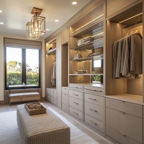 Beautiful Dressing Rooms, Transitional Closet Design, Master Closet Island With Bench, Closet With Vaulted Ceiling, Master Closet Vanity, Closet Room Luxury, Master Closet Design Layout, Master Closet Ideas, His And Hers Closet