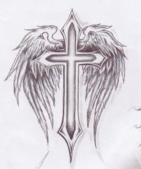 Cross with angel Wings                                                                                                                                                     More Wings Tattoo On Back, Cross With Angel Wings, Cross With Wings Tattoo, Wing Tattoos On Back, Alas Tattoo, Wing Tattoo Men, Wings Sketch, Cross With Wings, Tattoo Son