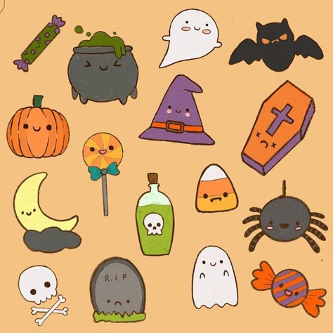 Cute Little Halloween Drawings, Kawaii Halloween Drawings, Halloween Stickers Cute, Too Cute To Spook, Halloween Kawaii Drawings, Cute Halloween Cartoons, Cute Drawings Halloween, Halloween Dividers, Halloween Cute Aesthetic