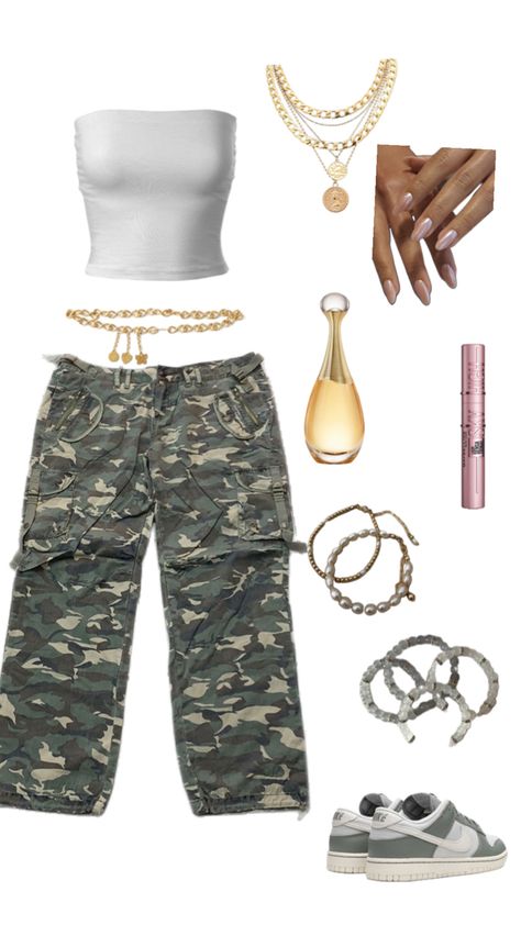 Camo cargos, army pants, white tube top, gold jewerly. Army Pants Outfit, Camo Cargos, Tube Top Outfits, Cargo Outfit, Rave Fits, White Tube Top, Street Wear Outfits, White Tube, Army Pants