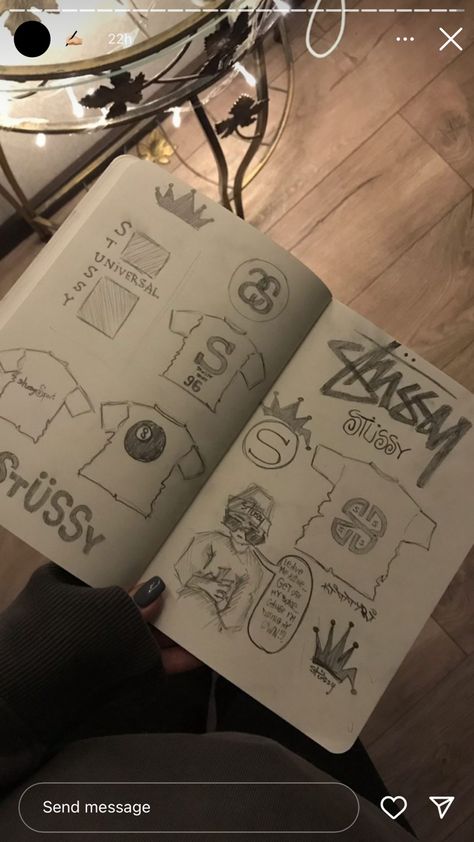 Shirt Design Drawing Sketch, Stussy Sketchbook, Hypebeast Drawing Sketch, Grafitti Sketch Book, Clothing Brand Sketches, Stussy Drawing, Tattoo Design Women Arm, Arm Tattoo Ideas Men, Stussy Tattoo