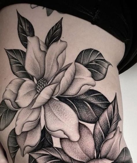 Magnolia And Lily Tattoo, Magnolia Chest Tattoo, White Magnolia Tattoo, Filigree Tattoo Women, Magnolia Black And White, Tree Thigh Tattoo, Aaa Tattoo, Dahlia Tattoo, Browning Tattoo