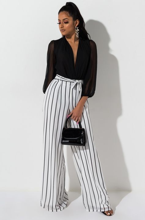 Stripped Pants Outfit, Black And White Striped Pants, Palazzo Pants Outfit, Sheer Bodysuit, Striped Wide Leg Pants, Belted Pants, Easy Breezy, Striped Tie, White Outfits