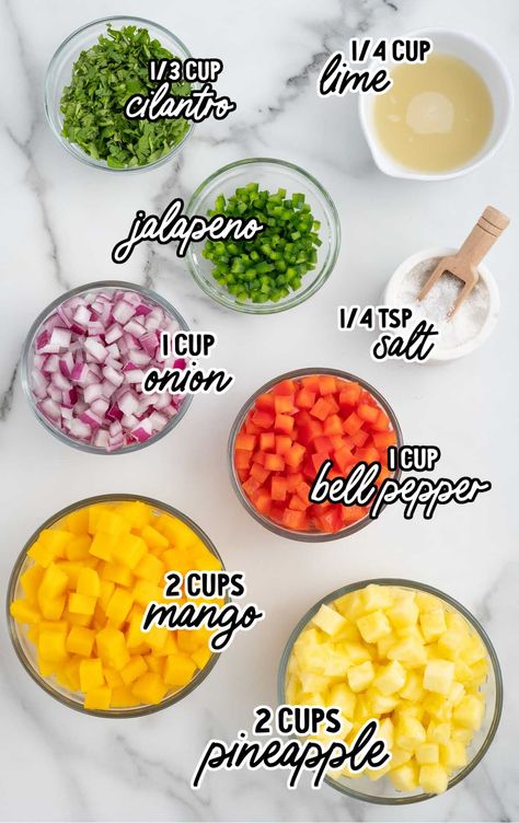 Pineapple Mango Salsa raw ingredients that are labeled Mango Pineapple Shrimp Salad, Shrimp With Mango Salsa, Summertime Dinners, Plat Healthy, Strawberry Mango Salsa, Pineapple Mango Salsa, Mango Pineapple Salsa, Fruity Cookies, Mango Salsa Recipe