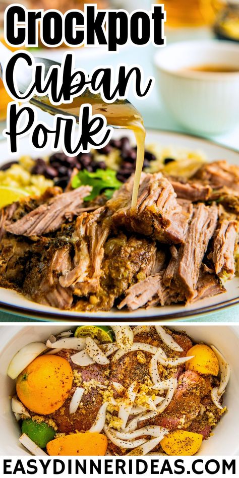 This citrus-braised crockpot mojo pork recipe with zesty garlic and tender onions is slow cooked to tender and juicy perfection. Served with fluffy rice and black beans, this cuban pork will be a new family favorite! #latincuisine #porkrecipe #crockpotdinner Crockpot Pork Recipes, Crockpot Cuban Pork, Recipes With Pork Chunks, Crockpot Pork Shoulder, Easy Pork Recipe, Cuban Mojo Pork, Pork Roast Crock Pot Recipes, Slow Cooker Cuban Pork, Rice And Black Beans