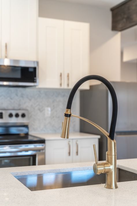 Black Kitchen Sink White Countertop Gold Faucet, Gold And Black Faucet Kitchen, Silver Sink With Gold Faucet, Black And White Kitchen With Gold Accents, White Kitchen With Black And Gold, Gold And Black Kitchen Faucet, Gold Black White Kitchen, Gold Faucet Black Hardware, Black Sink Golden Faucet Kitchen