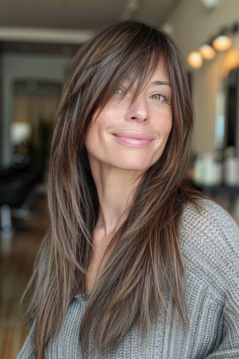 34 Chic Hairstyles for Women Over 40 with Bangs in 2024 – CreativeBooster Long Hair With Fringe Over 40, Butterfly Bangs Long Hair, Hair With Long Bangs And Layers, Long Hair Sweeping Bangs, Layered Hair With Curtain Bangs Straight, Lots Of Layers And Curtain Bangs, Side Part Layered Hair Medium, Curtain Fringe Bangs Long Hair, Shaggy Long Hair Straight