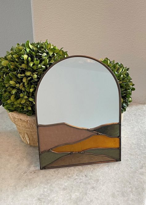 SZKLO Glass- Handmaid Stained Glass Mountain Mirror Mirror Vitray Ideas, Stained Glass Mirror Patterns, Stained Glass With Mirror, Stain Glass Mirror, Mirror Stained Glass Ideas, Mirror Stained Glass, Stained Glass Patterns Easy, Stained Glass Sign, Stained Glass Mirrors Ideas