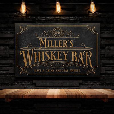 Add a touch of class to the walls of your home bar or man cave with this whiskey bar sign that can be customized with a name, significant year, and chosen phrase that sums up your whiskey philosophy. Each whiskey sign is crafted by our in-house artisans from high-quality Birch wood and is designed to make any space feel more inviting and personal. This custom bar sign is ideal for hanging above your bar or any spot in the home where the good times roll and the whiskey just keeps on pouring. | Al Whiskey Signs, Whiskey Lounge, Custom Bar Signs, Whiskey Bar, Whiskey Drinks, Custom Bar, Accent Wall Decor, Good Times Roll, Patio Bar