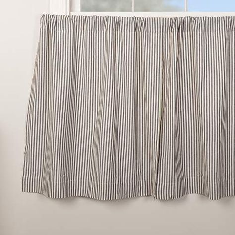 Farmhouse Ticking Stripe Gray Tier Curtains, Set of 2, 36" Long, Farmhouse Style Café Curtains Farmhouse Fashion, Tier Curtains, Wooden Wall Panels, Farmhouse Curtains, Ticking Fabric, Mirror Wall Bathroom, Cafe Curtains, Ticking Stripe, Curtains Window Treatments