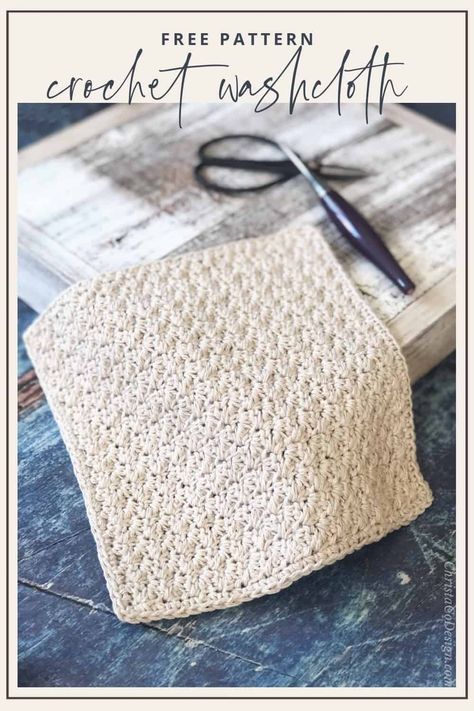 PIN IMAGE crochet washcloth pattern in beige cotton yarn. Easy Crochet Washcloth, Cotton Yarn Projects, Cotton Yarn Patterns, Crochet Washcloth Free Pattern, Crochet Washcloth Free, Crochet Dish Cloth Free Pattern, Cotton Crochet Patterns, Crochet Washcloth Pattern, Crochet Scrubbies