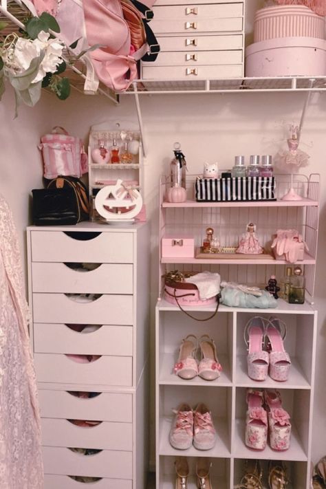 Pink girly closet inspo pink closet ideas girly pink shoe storage pink decorating, pink closet room, pink closet walk in, girly closet ideas, girly closet aesthetic, girly closet ideas luxe, pink dream closet, pink dream closet design, dream closets pink, dream closets walk in luxury pink, dream walk in closet pink, girly walk in closet ideas, walk in closet design girly, girly shoes, shoe storage closet, closet organizing idea Cute Small Closet Ideas Aesthetic, Pink Closet Organization, Small Pink Closet Ideas, Barbie Closet Aesthetic, Glam Closet Ideas Small Spaces, Coquette Walk In Closet, Walk In Closet Ideas Apartment, Girly Closet Ideas, Pink Closet Room