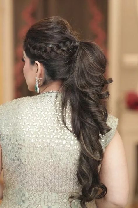 #Trending - Brides In Playful Ponytails Are Setting #BridalHairGoals! | WedMeGood Indian Hairstyles For Gown, Pony Hairstyle For Saree Look, Wedding Hairstyles For Heavy Hair, Latest Hairstyles With Saree, Saree Pony Hairstyle, Pony Hairstyle On Saree, Ponytail For Saree Look, Ponytail On Saree, Sangeet Pony Hairstyle