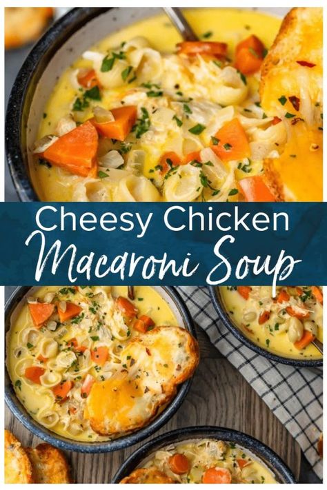 Macaroni Soup - Chicken Mac and Cheese Soup - (VIDEO!) Mac And Cheese Soup, Chicken Macaroni Soup, Mac N Cheese Soup, Macaroni Soup Recipes, Chicken Mac And Cheese, Chicken Macaroni, Cheesy Macaroni, Macaroni Soup, Crostini Recipes