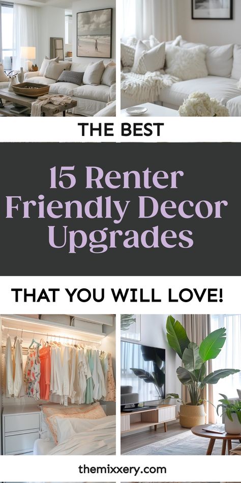 The best renter-friendly decor upgrades, featuring living room, bedroom, and closet enhancements. Renter Friendly Upgrades, Renter Friendly Decorating, Renter Friendly Wallpaper, Renters Decorating, Apartment Hacks, Rental Space, Serving Tray Decor, Stylish Curtains, Versatile Furniture