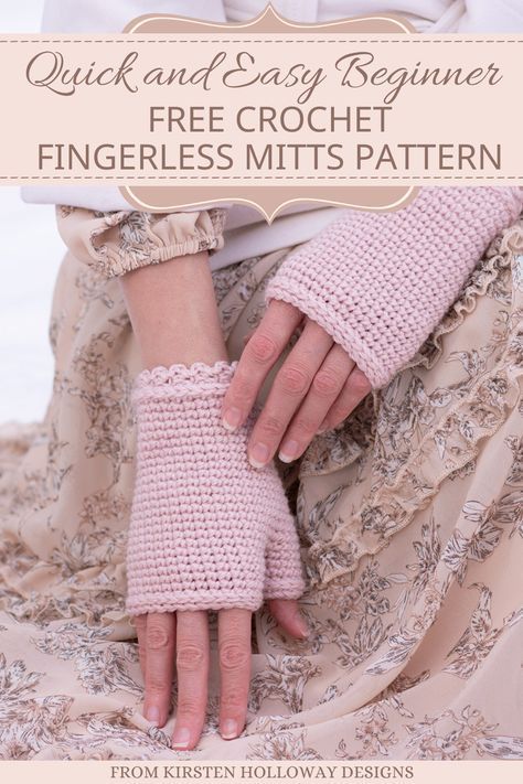 This quick and easy fingerless gloves pattern is a free tutorial that is simple enough for beginners to crochet. The DIY hand warmers pattern uses single crochet stitches which create an elegant look for women, kids, and toddlers! These fingerless mitts are fast crochet projects to make in an afternoon and make great easy crochet gift ideas. Find this free crochet pattern idea for your next project on Kirsten Holloway Designs. Free Crochet Hand Warmers Pattern, Fingerless Crochet Gloves Pattern Free, Tunisian Crochet Fingerless Gloves, Crochet Fingerless Gloves Free Pattern Easy Simple Hand Warmers, Crochet Fingerless Gloves Free Pattern Easy Simple, Hand Warmers Crochet Pattern, Crochet Easy Gifts, Wrist Warmers Crochet Pattern Free, Free Fingerless Gloves Crochet Pattern