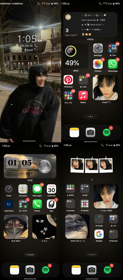 Iphone Aesthetic Home Screen Ideas, Custom Phone Screen Ideas, Boyfriend Homescreen Ideas, Kpop Homescreen Layout Android, Iphone Apps Layout, Ios Theme Kpop, Iphone Costumization Ideas, Iphone Display Ideas, Kpop Homescreen Layout Dark