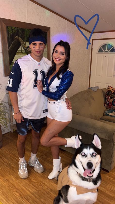 Couple’s Halloween costume. Cowboys cheer leader Halloween costume Couple Halloween Costumes Dallas Cowboys, Dallas Cowboys Couples Costume, Dallas Cowboy Couple Costume, Dallas Cowboy Cheerleader Couple Costume, Police Officer Costume Couple, Sadie’s Couple Costumes, Football Couple Halloween Costumes, Cheerleader Couple Costume, Dallas Cowboys Cheerleaders Costume Couple