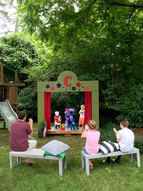 We now have a neighborhood theater—in our backyard. This project was the brainchild of my eight-year-old and my dad after a conversation that went something like this: SHE: I really wish I had a stage in our backyard where I could do plays. HE: I’ll build you one! Ask Granddaddy, and you shall receive. My … Diy Theatre Stage, Diy Theater Stage, Backyard Stage Ideas, Fun Backyard Ideas For Kids, Backyard Theater Ideas, Outdoor Theater Ideas, Backyard Stage, Backyard Theater, Diy Stage