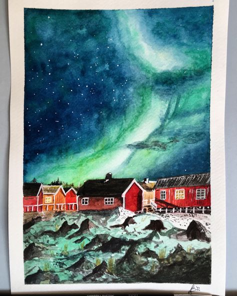 Norway Watercolor, Norway Drawing, Viking Crochet, Norway Painting, Northern Lights Watercolor, Light Watercolor, Scandinavian Countries, Travel Painting, Nordic Scandinavian