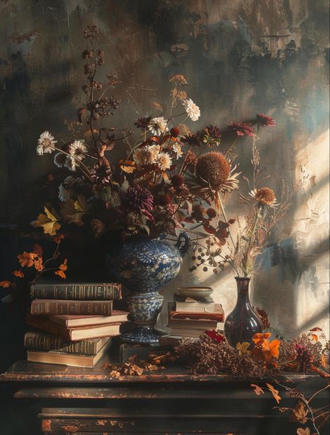 Envision an atmospheric studio, brimming with books, flowers, and vases, all bathed in the golden hour’s glow, painted in the style of Caravaggio. Moody, dark, autumnal colors weave through this space, reminiscent of romantic ruins. This scene captures the essence of tranquility and timeless beauty, inviting viewers into a world where art and nature harmoniously coexist. #CaravaggioInspired #RomanticRuins #GoldenHourBeauty Dark Autumn Painting, Dark Romantic Painting, Moody Floral Art, Spring Dark Aesthetic, Moody Autumn Decor, Moody Autumn Aesthetic, Moody And Timeless Aesthetic, Ethereal Art Dark Aesthetic, Autumn Nature Aesthetic