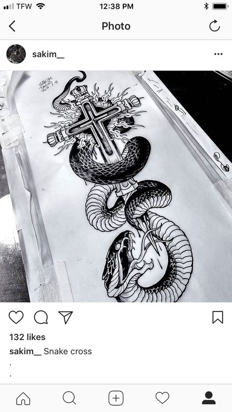 Cross Dagger Snake Cute Thigh Tattoos, Cross Drawing, Helmet Tattoo, Woodcut Tattoo, King Tattoos, Snake Tattoo Design, Koi Fish Tattoo, Swords Medieval, B Tattoo