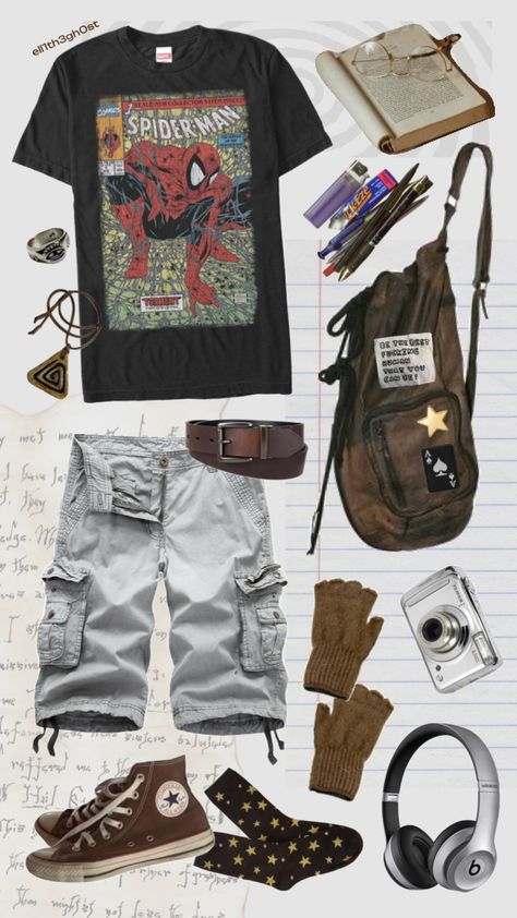 #spiderman #casual #adventurecore #adventure #adventureaesthetic #goblincore Shorts Fits Aesthetic, Spiderman Aesthetic Outfit, Adventure Core Aesthetic Outfits, Casual Grunge Outfits Summer, Adventure Core Outfits, Adventurecore Outfit, Adventure Core, Silly Clothes, Funky Outfits