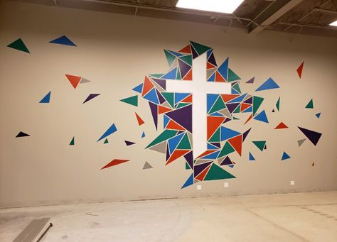 Christian Wall Mural, Sunday School Mural, Christian Murals Wall Art, Church Youth Room Ideas Decor, Church Murals Wall Paintings, Church Kids Room Decor, Youth Group Room Design, Background Design Tattoo, Church Youth Room Ideas