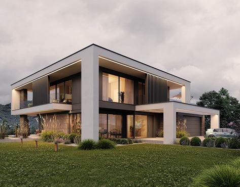 MODERNITY IN THE NATURE on Behance Concrete Exterior House Modern, Best Modern House Design Best Modern House Design 2020, Single Family House Architecture, Small Family House Design, Small Villa Exterior, Modern Concrete House Exterior, Long House Exterior, Villa Exterior Design Modern, Modern Family House Exterior