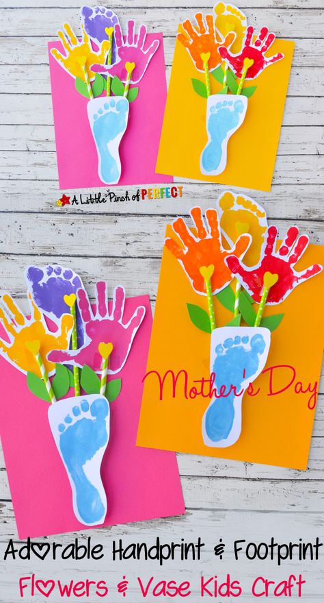 Creatively Thoughful Mother's Day Gift Ideas: Handprint and Footprint Kids Craft Handprint Cards, Mother's Day Projects, Kerajinan Diy, Vase Crafts, Mothers Day Crafts For Kids, Handprint Crafts, Daycare Crafts, Handprint Art, Toddler Art