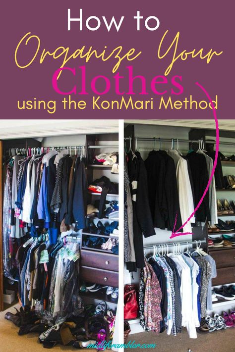 Here’s a Detailed How-To Guide on Using Marie Kondo’s KonMari Method to Clean Out Your Wardrobe, Organize Your Clothes and Make Sure Everything You Wear Every Day Brings You Joy! Plus, you can download a free workbook to help you with your own Marie Kondo KonMari Tidy Up Project. Konmari Method Organizing, Bedroom Declutter, Declutter Bedroom, Small Closet Space, Declutter Home, Organizing Paperwork, Clothes Closet Organization, Konmari Method, Declutter Your Life