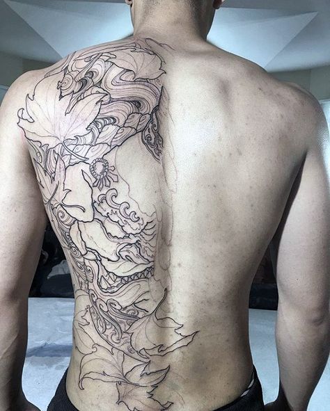 Mens Creative Half Back Black Ink Outline Leaves With Mask Tattoo Creative Tattoo Ideas For Men, Half Back Tattoo, Creative Tattoos For Men, Outline Leaves, Creative Tattoo Ideas, Tattoo Ideas Males, Common Tattoos, Cool Back Tattoos, Creative Tattoo