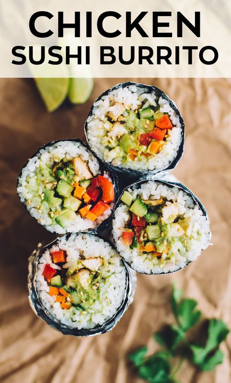 A simple chicken sushi burrito recipe. You can also use substitute the chicken with your favorite protein, such as beef, pork, tofu or beans! #sushiburrito #healthydinner #chicken #chickenrecipe #burrito #sushi Sushi Burrito Recipe, Chicken Sushi, Healthy Sushi, Sushi Recipes Homemade, Sushi Burrito, Guacamole Ingredients, Burrito Recipe, Simple Chicken, Resep Diet