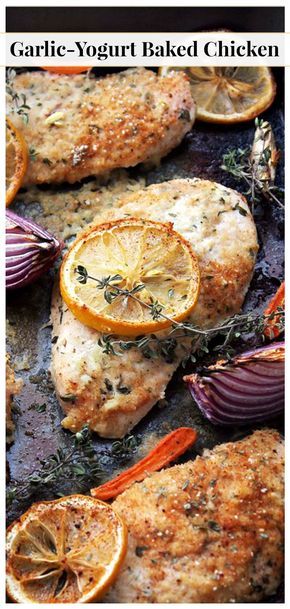 Flavorful, delicious baked chicken, marinated in a yogurt mixture with garlic and thyme. Your new favorite din din! Chicken Recipes Greek Yogurt, Chicken Recipes Greek, Recipes Greek Yogurt, Cabin Meals, Baking Chicken, Garlic Yogurt, Recipes Greek, Baked Chicken Recipe, Chicken Baked