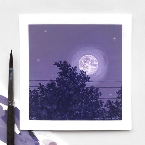 Acrylic And Gouache Paintings, Gouche Painting Moon, Cool Colour Scheme Drawing, Purple Scenery Painting, Purple Moon Painting, How To Make Purple Colour Paint, Purple Paintings Aesthetic, Moon Gouache Painting, Purple Watercolor Painting