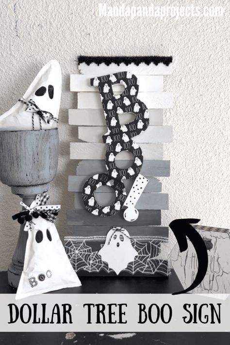 Dollar Tree Fall Decor Diy Craft Ideas Videos, Boo Signs For Halloween Diy, Eek Sign From Dollar Tree, Boo Signs For Halloween, Ghost Napkins, Dollar Tree Fall Decor Diy, Halloween Candy Bowl, Boo Sign, Fall Decor Dollar Tree