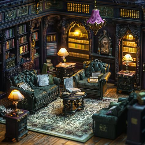 gothic black and green themed Victorian library, violet lamps and lights, high detail Victorian Library, Miniature Rooms, Lamps, Violet, Lighting, Green, Black