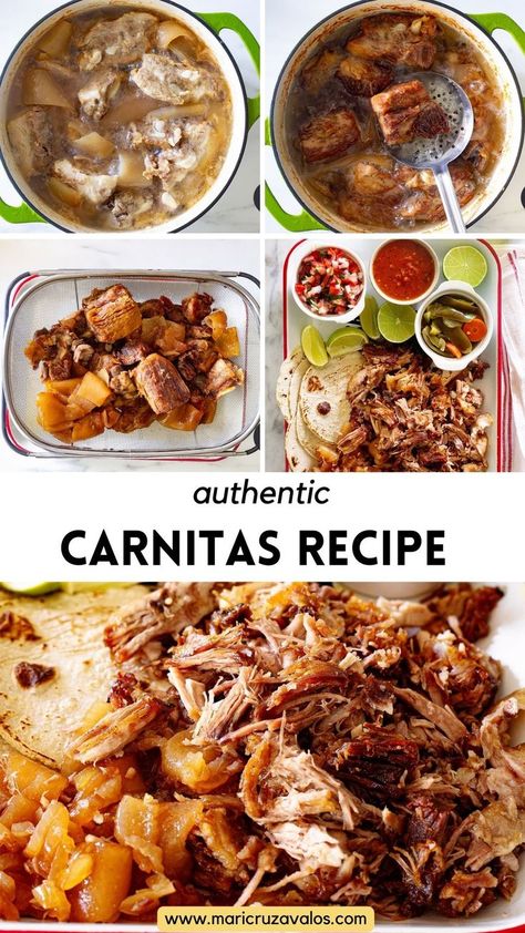 collage of authentic carnitas preparation with text overlay Authentic Mexican Carnitas Recipe, Traditional Carnitas Recipe, Carnitas Authentic, Authentic Carnitas, Authentic Carnitas Recipe, Lard Recipe, Beef Carnitas, Shredded Pork Tacos, Pork Carnitas Tacos