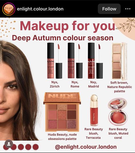 Deep Autumn Eye Makeup, Deep Autumn Makeup Products, Autumn Deep Makeup, Dark Autumn Summer Wardrobe, Dark Autumn Makeup Products, Deep Autumn Blush, Dark Autumn Blush, Warm Autumn Color Palette Makeup, Dark Autumn Color Palette Makeup