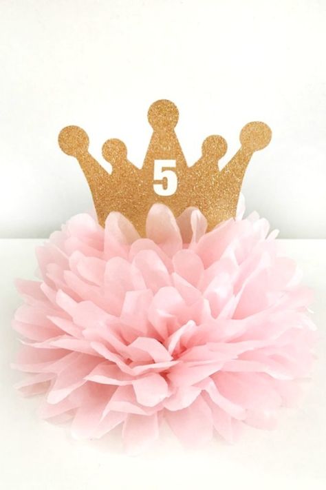 Pink Princess Pompom Centerpiece with a Gold Crown Princess Party Centerpieces, Royal Fiveness, Pig Pickin, Glitter Centerpieces, Princess Centerpieces, Crown Centerpiece, Pink Princess Party, Turning Three, Princess Birthday Decorations