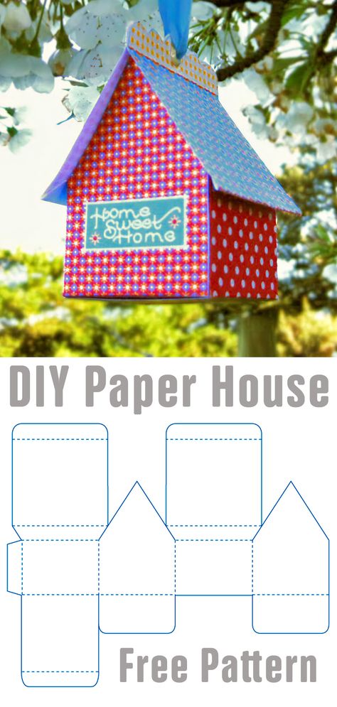 Little Paper House. Pattern & Tutorial Mini House Template Free Printable, House Pattern Printable, 3d Paper Houses Free Printable, Diy Paper House Templates, Card Stock Crafts Diy, Paper House Template Printables Free, Mini Paper House, 3d Paper House Template, 3d Paper Crafts Templates