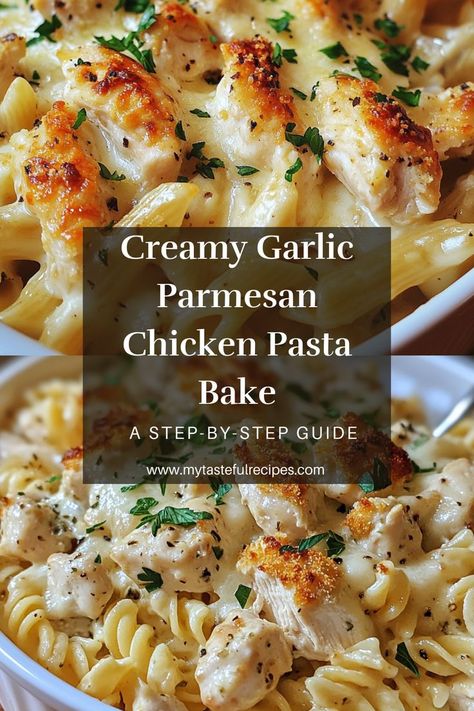 Make family dinners extra special with this garlic parmesan chicken pasta bake! Creamy sauce, juicy chicken, and crispy golden cheese topping make it a mouthwatering favorite. Bake it tonight for pure comfort! Crispy Chicken And Pasta, Crispy Chicken Pasta Recipes, Grilled Chicken With Pasta, Chicken Cheese Pasta Recipes, Creamy Garlic Parmesan Chicken Pasta Bake, Pasta Oven Bake Dinners, Baked Chicken And Pasta Recipes, Cheesy Chicken Pasta Bake, Ranch Chicken Pasta Bake